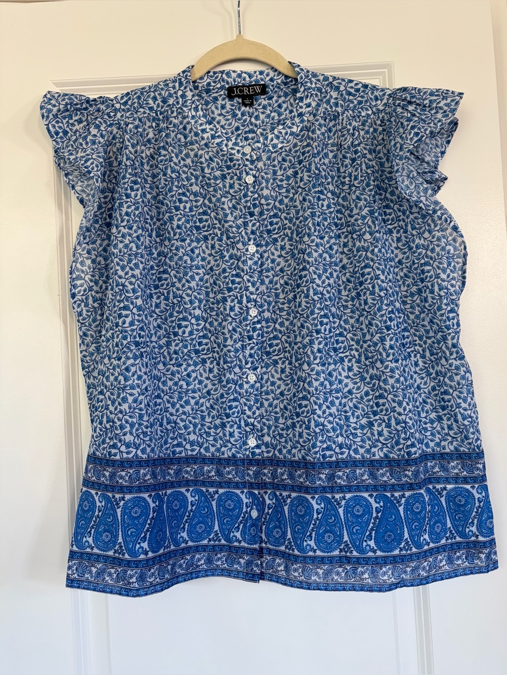 J. Crew Blue Paisley Border Button-Down Flutter Sleeve Top